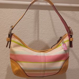 Coach Hampton Women’s Pastel Stripe Tan Leather Trim Hobo Small Bag L053-1884.